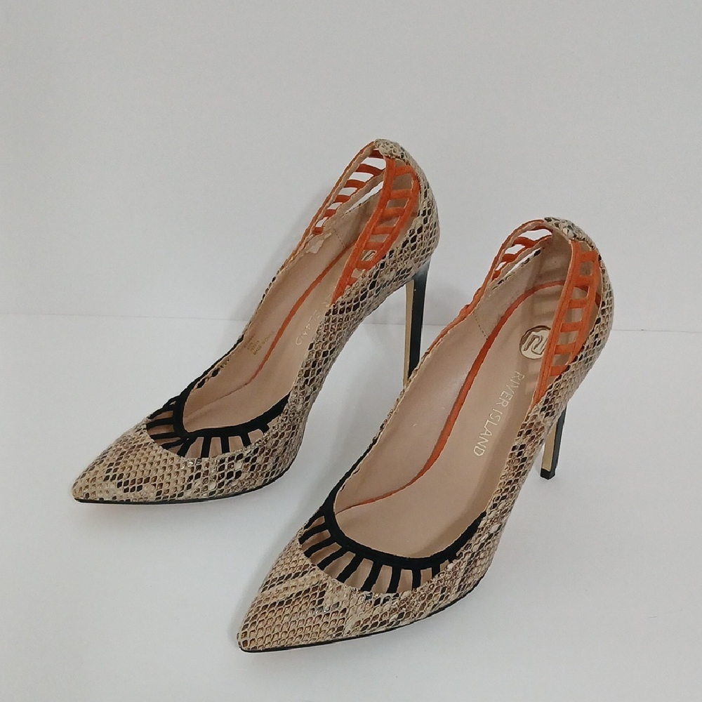 River Island Tan Snake Print Stilleto Heels Size 6